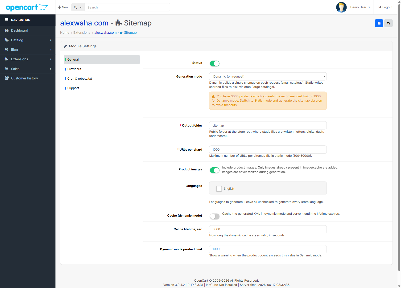 Unlimited Sitemap configuration in the admin