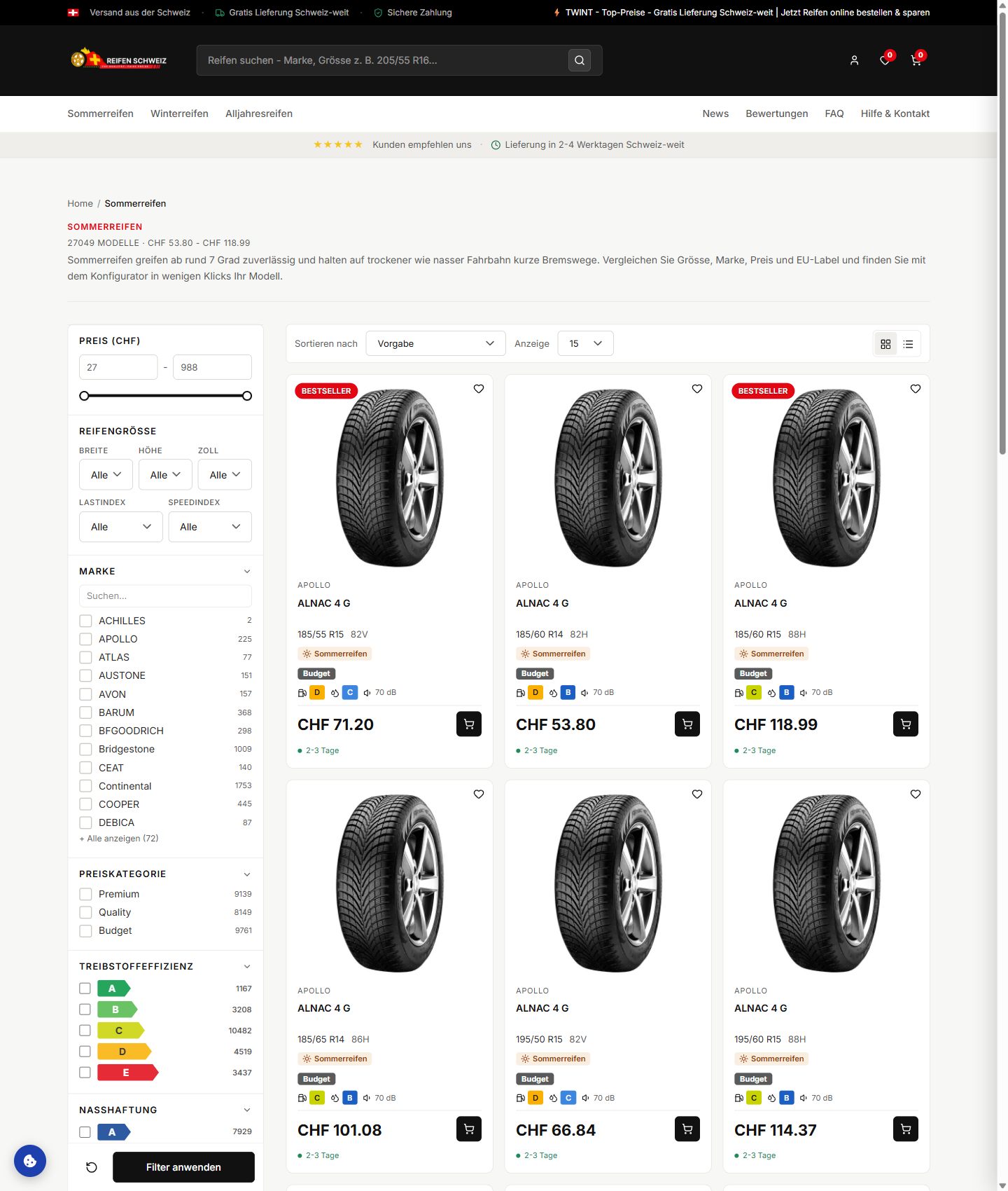 Faceted tire catalogue with size, brand, and EU label filters