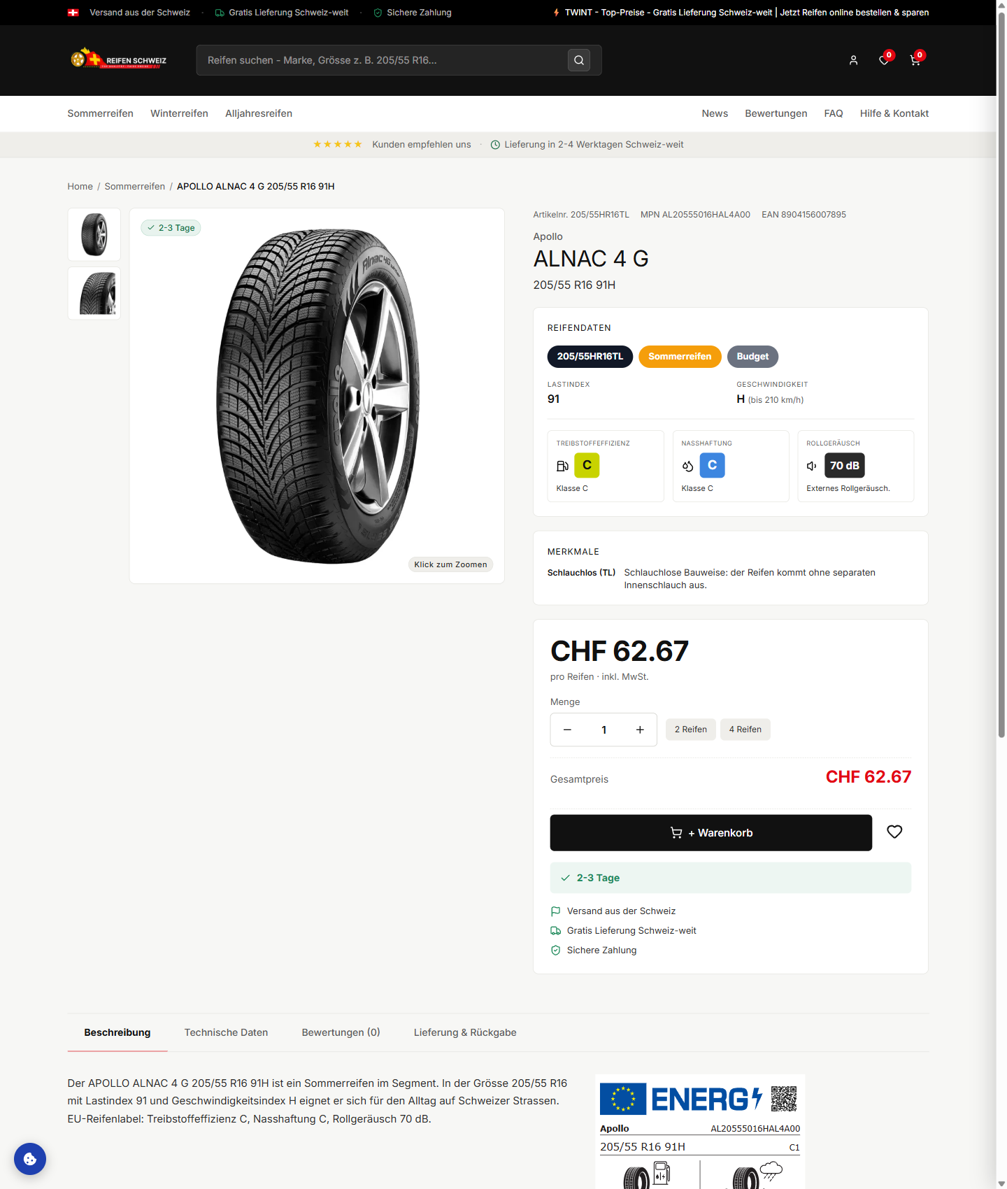 Product page with the EU tire label and its QR code